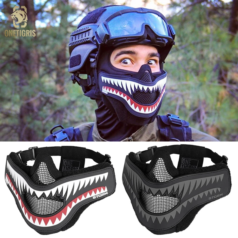 ONETIGRIS Tactical Foldable Mesh Mask XStorm Airsoft Mask & Patch Combo for Airsoft Paintball With Adjustable Elastic Belt Strap