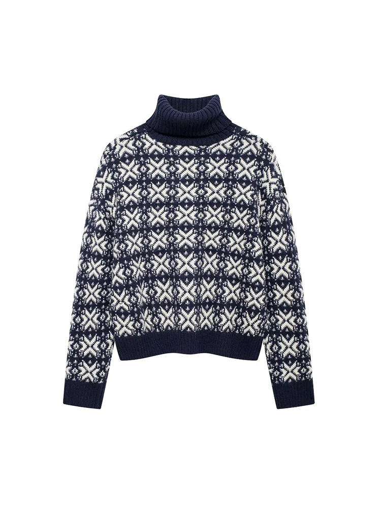 

Willshela Women Fashion Jacquard Printed Knitted Pullover Sweater Vintage High Neck Long Sleeves Female Chic Lady Tops
