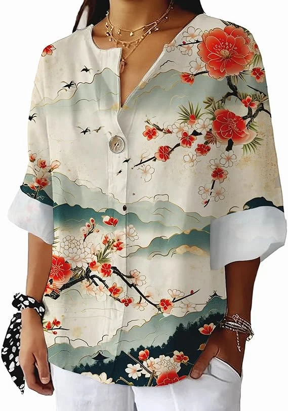 Women's Summer Shirts Vintage Floral Long Sleeve Novelty Blouses Boho Button Up Cool Graphic Tops