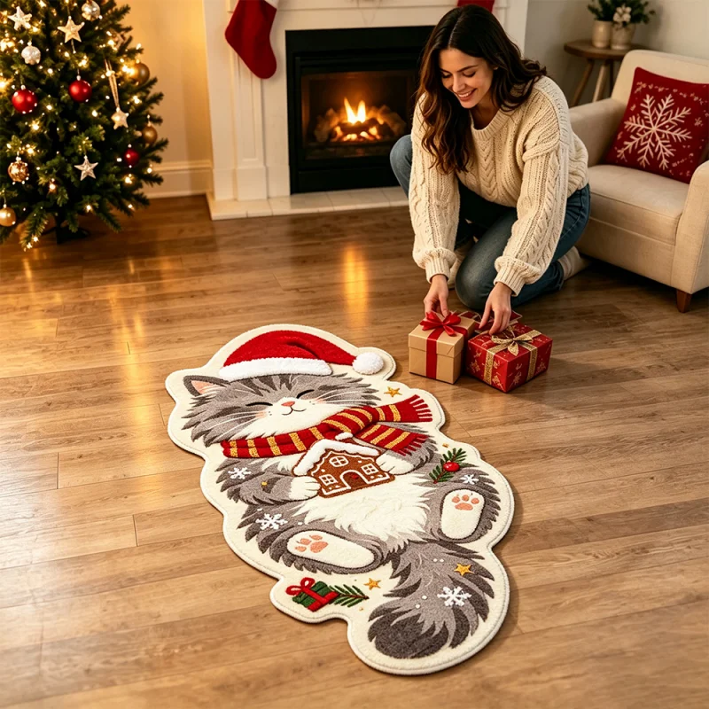 VIKAMA Xmas Cute Cat Rug Kitten With Santa Hat Gingerbread House Doormat Entryway Bedroom Home Decoration 2027