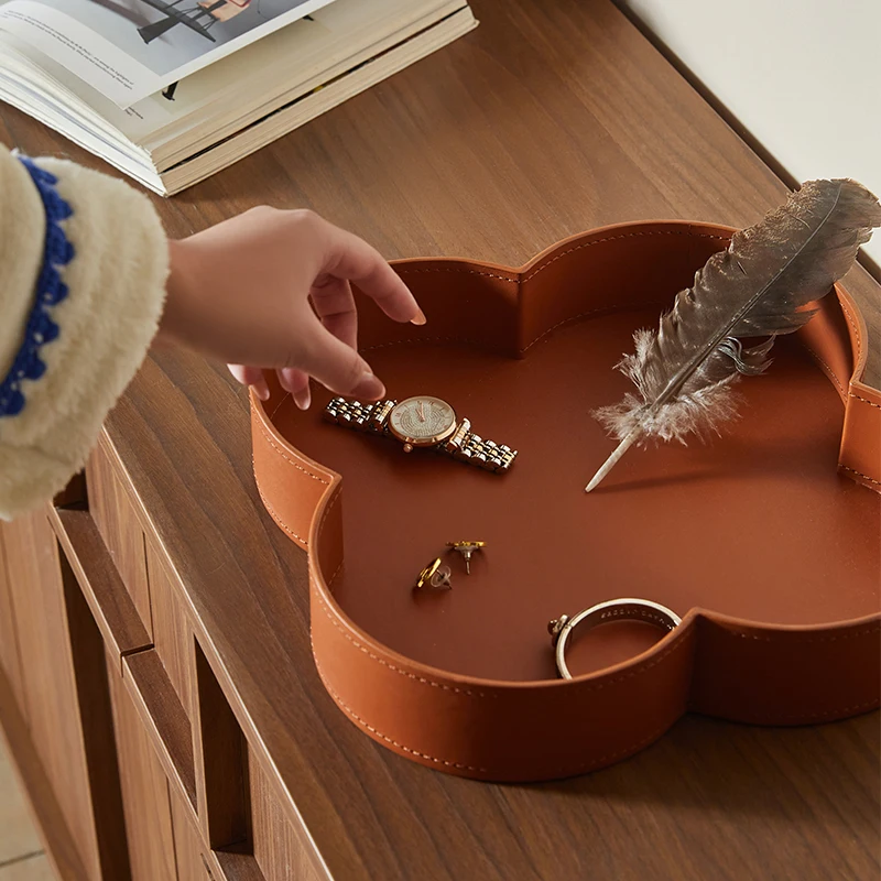 High-grade Round Leather Storage Box Home Into The House Porch Key Jewelry Box Light Luxury Model Room Tray Ornaments