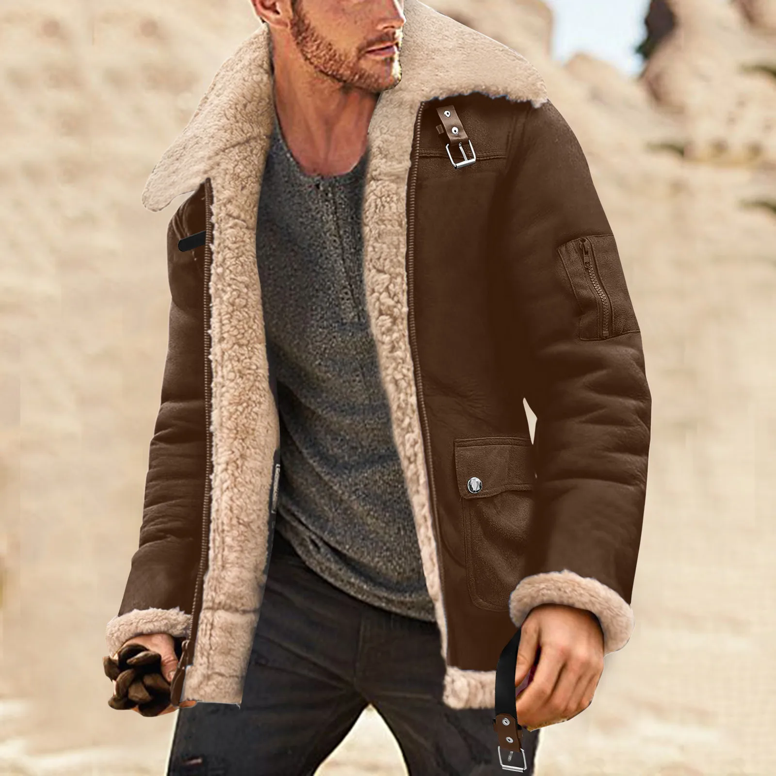 Vintage Thicken Coat Sheepskin Jacket Mens 2024 Fashion Simple Winter Coat Lapel Collar Long Sleeve Padded Leather Jacket