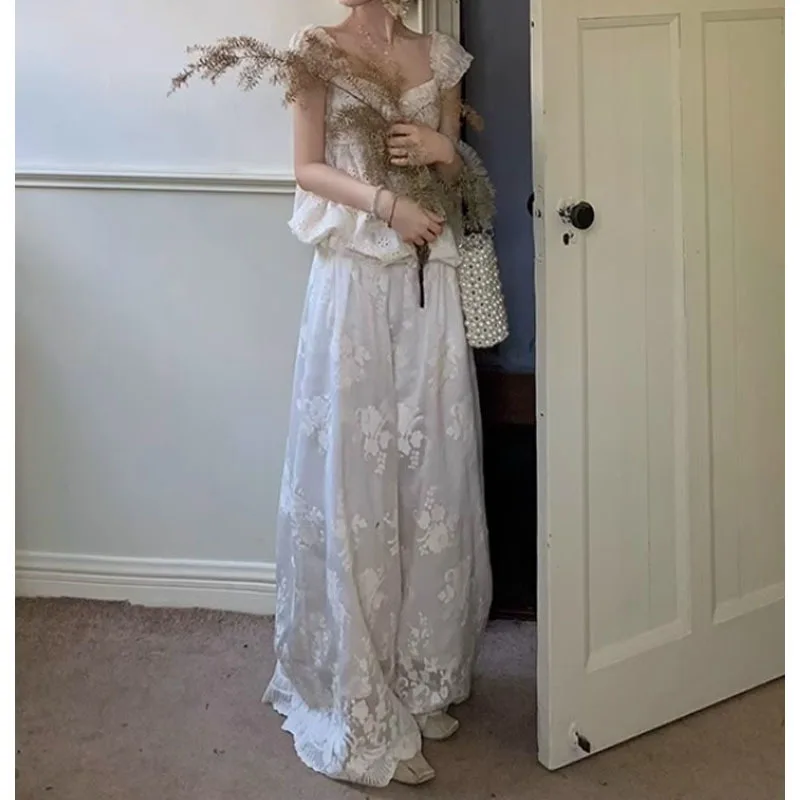 

Women Two Piece Set 2026 New Summer Hollow Out T-shirt Wide Leg Pants Camisole Short Sleeve Top Loose Embroidered Wide Leg Pants