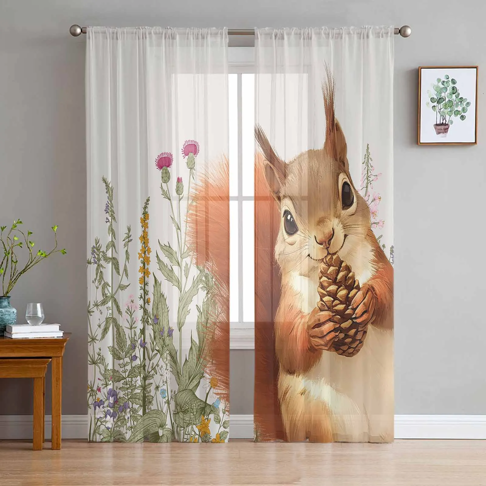 Autumn Herbs Squirrel Tulle Curtains for Living Room Bedroom Sheer Voile Curtain Home Decor Kitchen Curtain