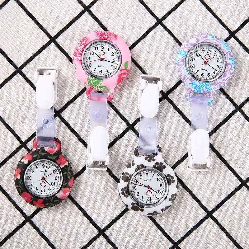 

Fashion Beautiful Flower Silicone Nurse Watch Round Dial Brooch Fob Quartz Doctors Nurses Pocket Watches Hanging Clip On Clocks