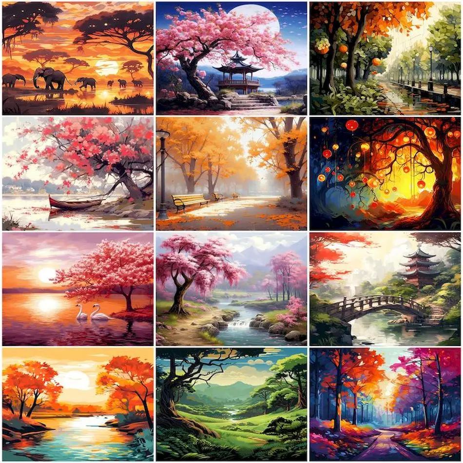 SDOYUNO – Malen nach Zahlen, Baumlandschaft, Malen nach Zahlen, Bastelbedarf für Erwachsene, personalisiertes Geschenk, mit Rahmen, Kunsthandwerk, DIY-Set