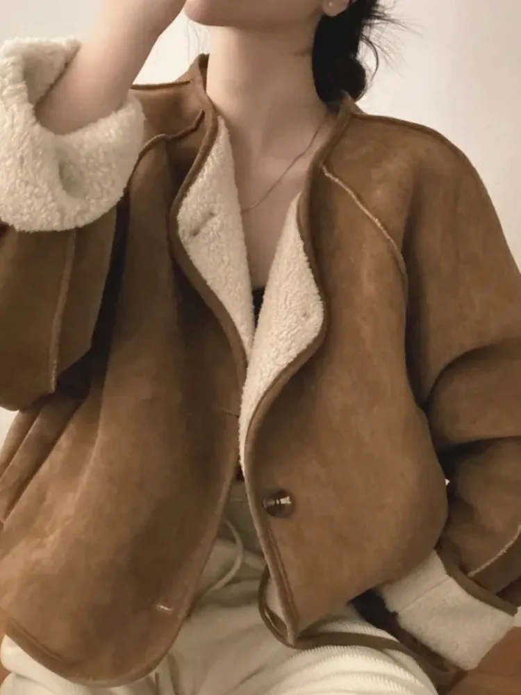 Chic Herbst Winter Thiened Warm Lammfell Jaet Damen Faion Simple Sli Inteated Leder und Pelzmantel mit Tasche