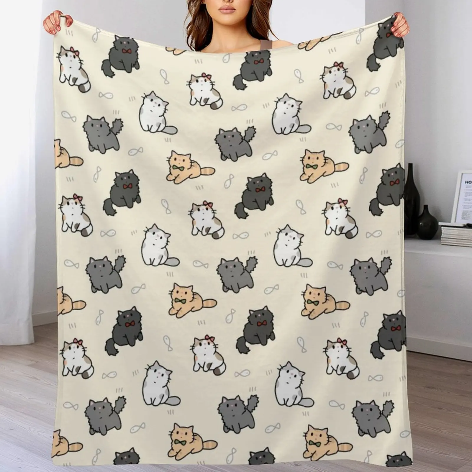 

Fancy kittens and fish pattern Throw Blanket Men's Soft Warm Throw Blanket for Couch