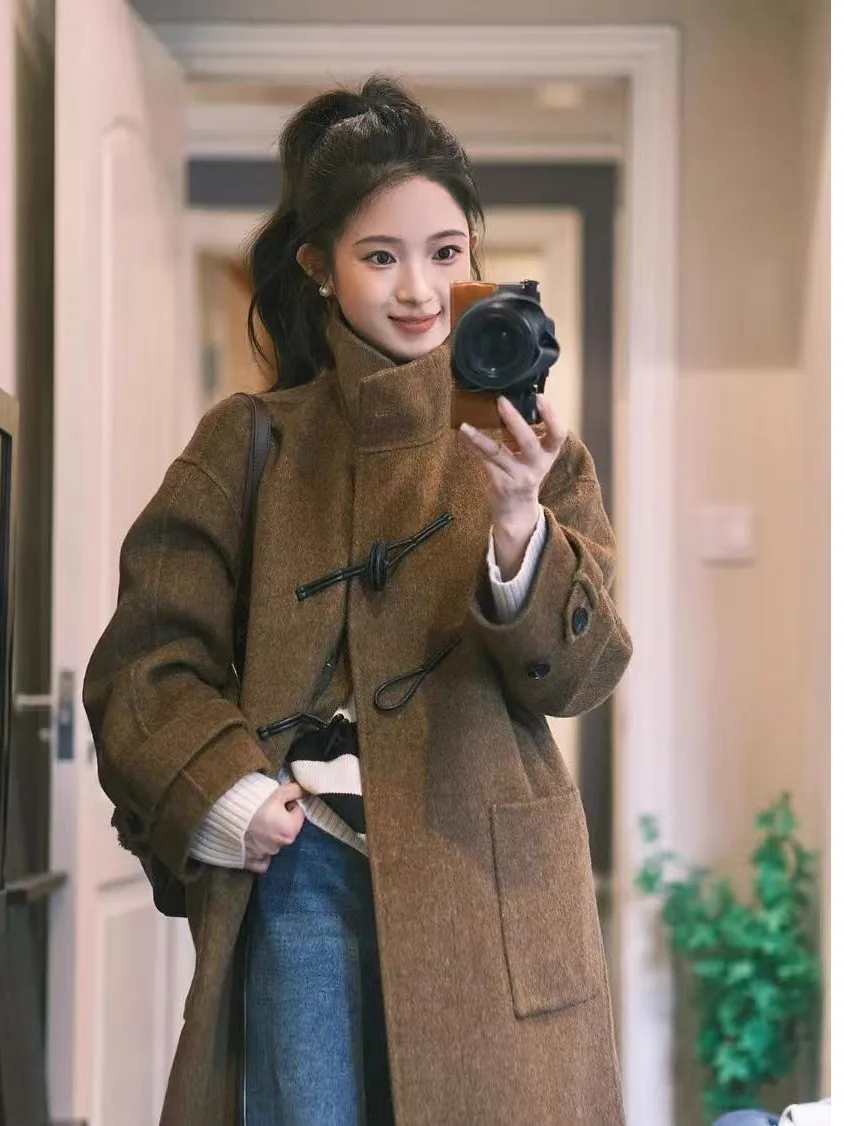 

Faionable Retro Woolen Coat Women's Spring 2026 Long Sve Stand Collar Button up Jaet Korean Sle Luxury Trendy Outerwear