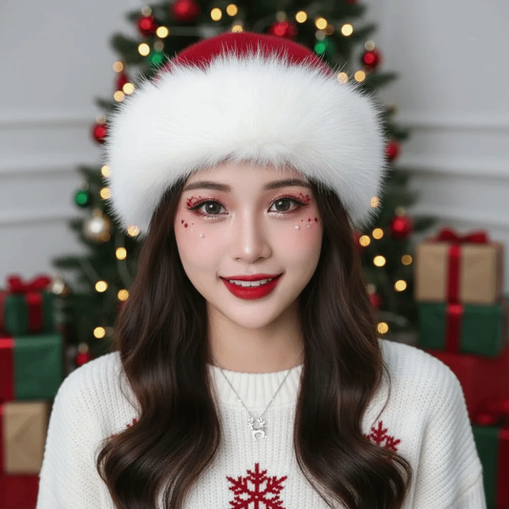 Faux Fur Christmas Fur Hat Thick Plush Fleece Lined Fluffy Trapper Cap Solid Color Soft Brim Plush Bucket Hats Ladies