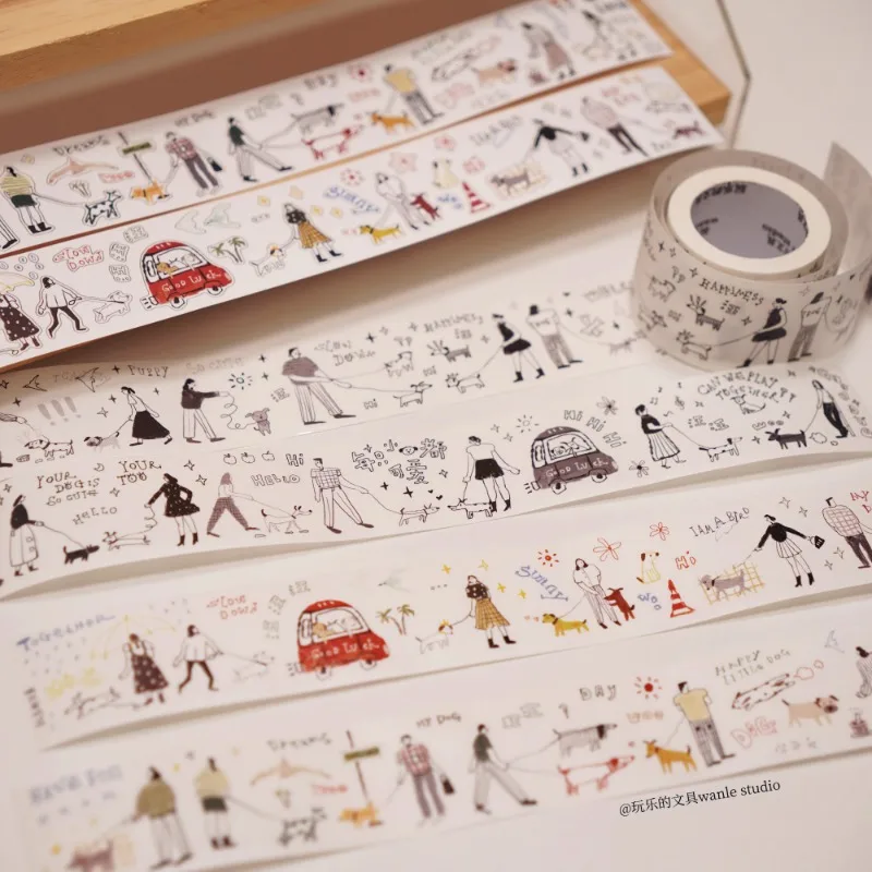 Enjoy Coffee Girl Walk The Dog Die Cut Washi YUPO Tape Craft Supplies DIY Scrapbooking Card Making Decorative Plan Sticker