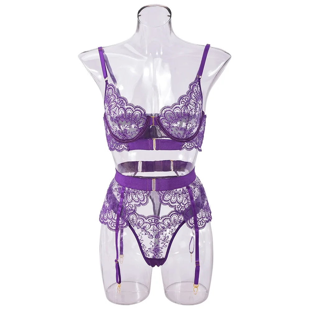 Sexy Sheer Mesh Translucent Bra Thongs Garter Belts 3 Piece Set Embroidered See Through Lingerie Outfit Erotic Nightwear