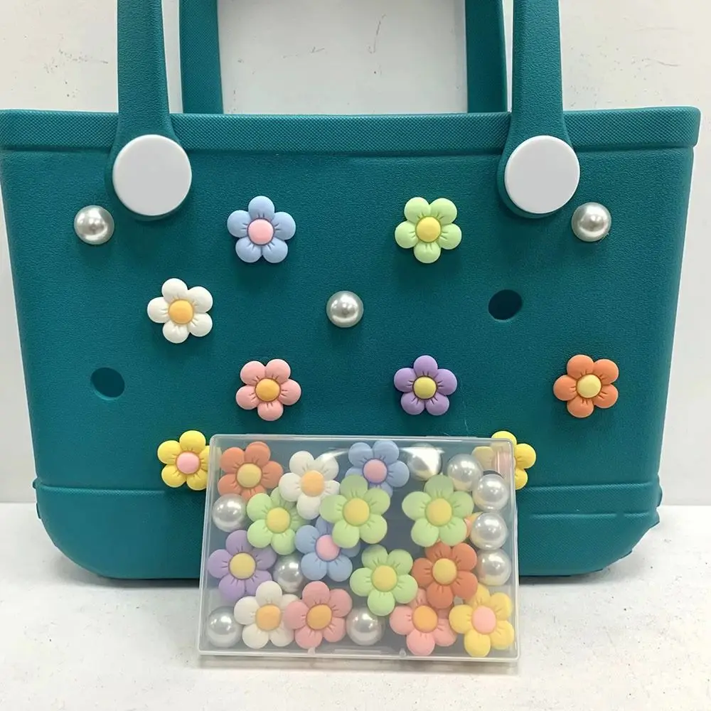 24PCS Colorful Charms for Bogg Bags Handbag DIY Beach Bag Accessories Charms Flowers and Pearls Rubber Beach Bag for Bogg Bag