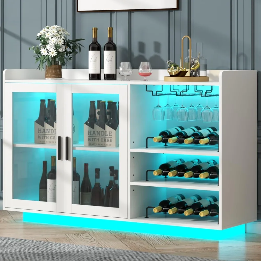 Wine Bar Cabinet with LED Lights, Floating Coffee Bar with Glass Rack and Removable Wine Racks, Modern Buffet Sideboard with St