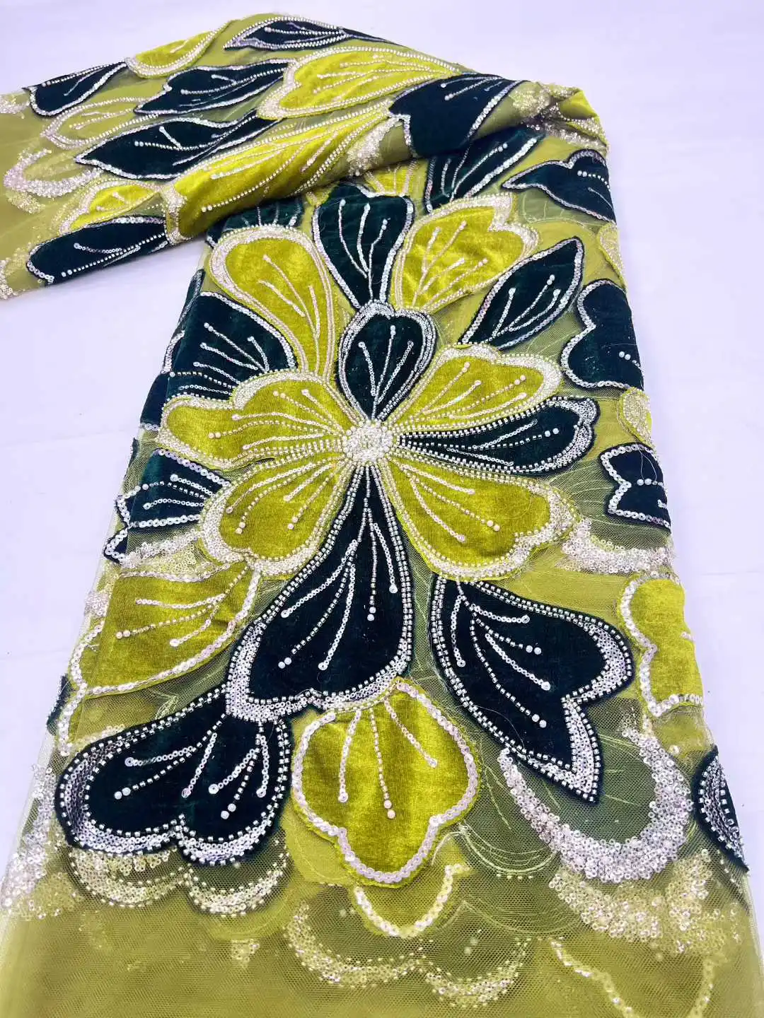 

Африканское бархатное кружево с пайетками 2026, высококачественное нигерийское вышитое французское кружево с бисером для женских вечерних нарядов, 5 ярдов