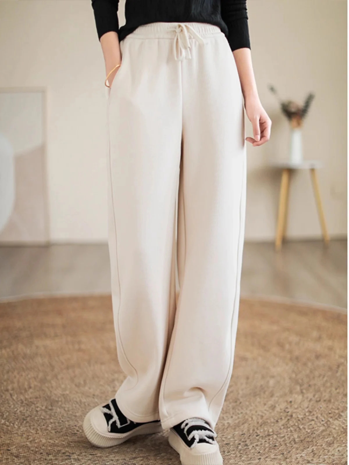 Women's Fce Lined Elastic Waist Wide Leg Pants Winter High Waist Drapey Straight Casual Thiened Warm Trousers