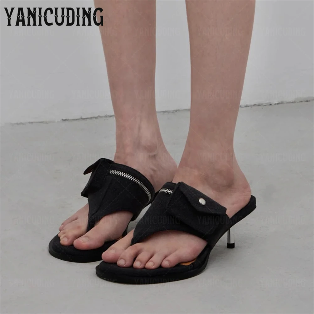 

Thong-Toe Mules Silhouette Flap Pocket Detail Slippers Low Heel Novelty Mules Designer Style Decorative Zipper Accent Flip Flops