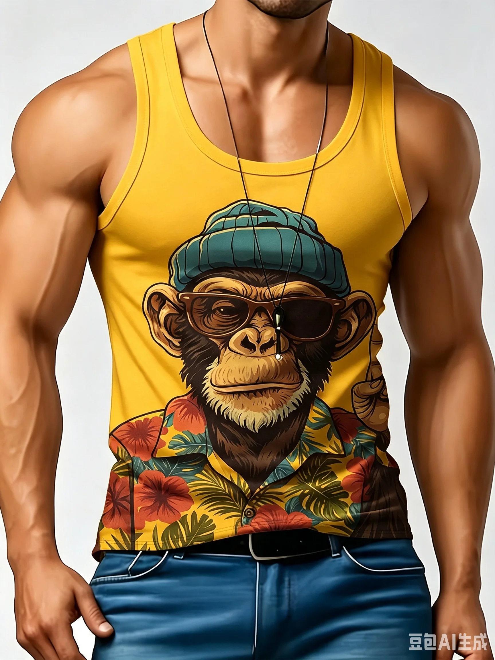 Men's Chimpanzee Graphic Tank Top, Tropical Print Sleeveless Shirt Casual Streetwear Summer Thin Style Top