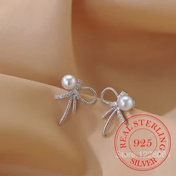 Real Money Korean 925 Sterling Silver Bownot Pearl Stud Earrings for Women S925 Wedding Party Jewelry Gift Aretes De Mujer