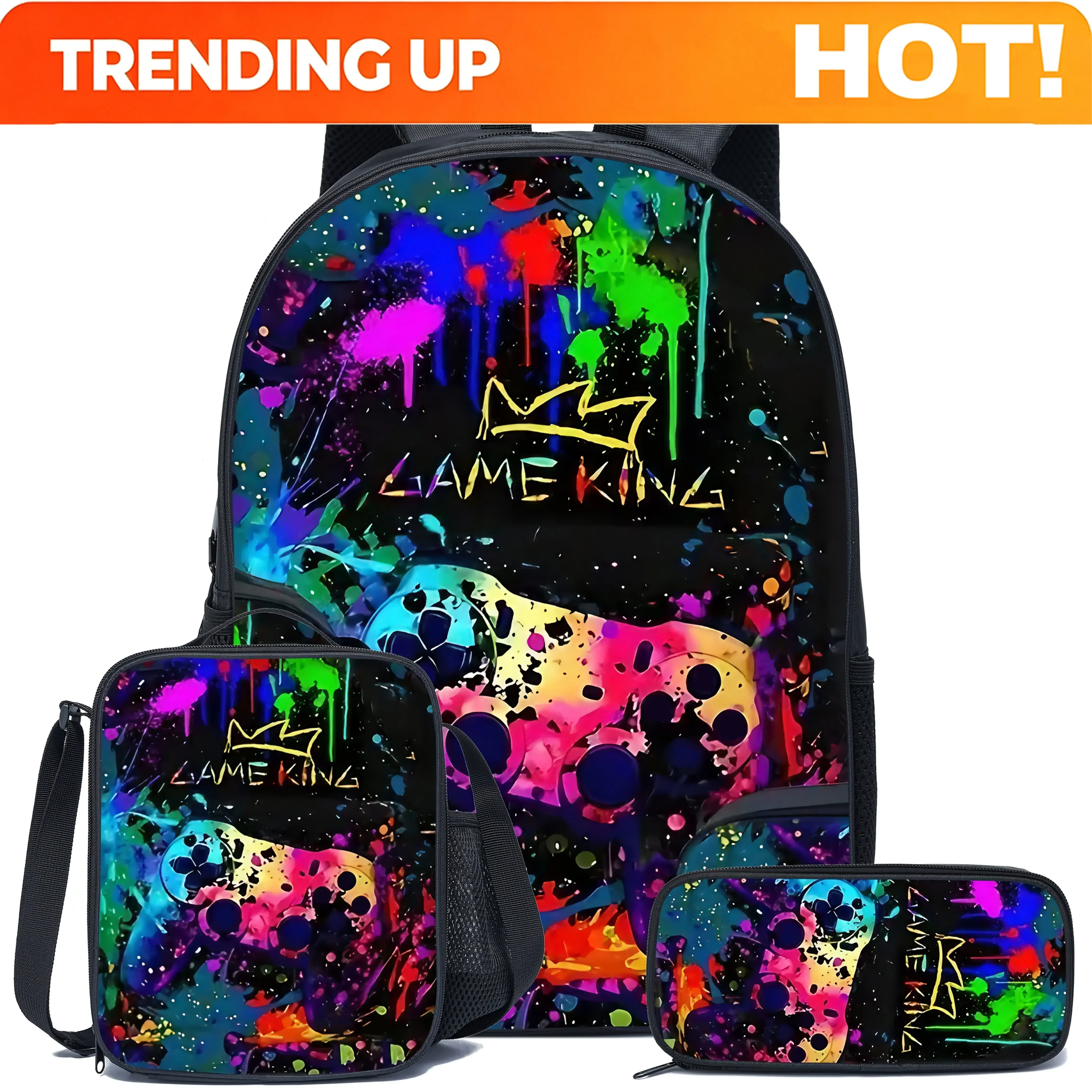 Custom Bag Game Controller Pattern Cartoon Boy 3pcs Set Backpack, For Teenager, For Teenager
