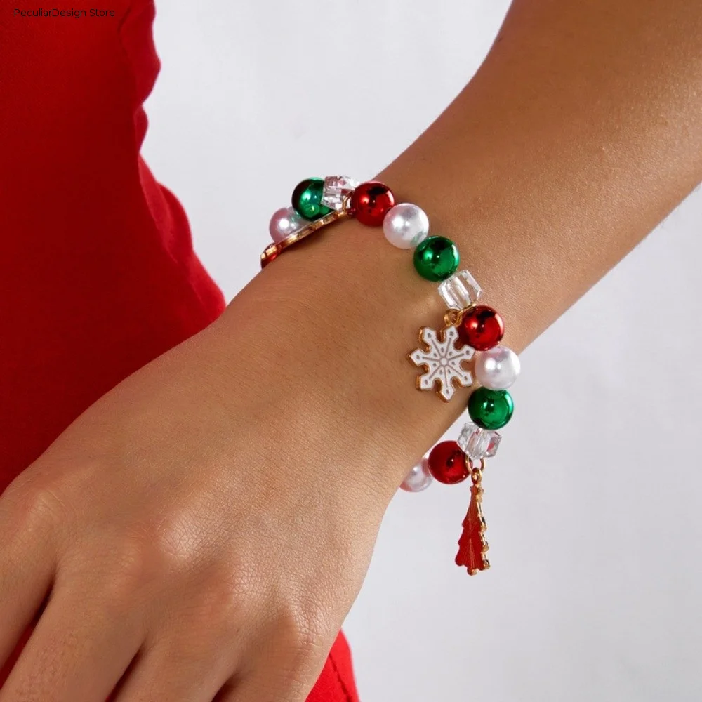 Red Green Christmas Beaded Bracelet Crystal Elastic Cord Snowflake Tree Charm Faux Pearls Glossy Finish Holiday Wrist Band