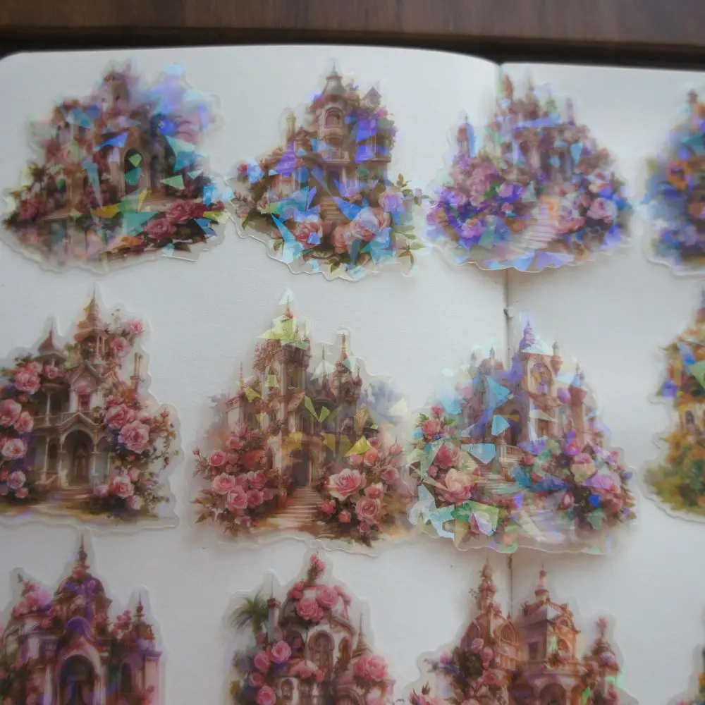 

28pcs Laser Diamond Pattern Castle Cabin in Painting Style PVC Sticker Scrapbooking DIY Gift Decoration Tag