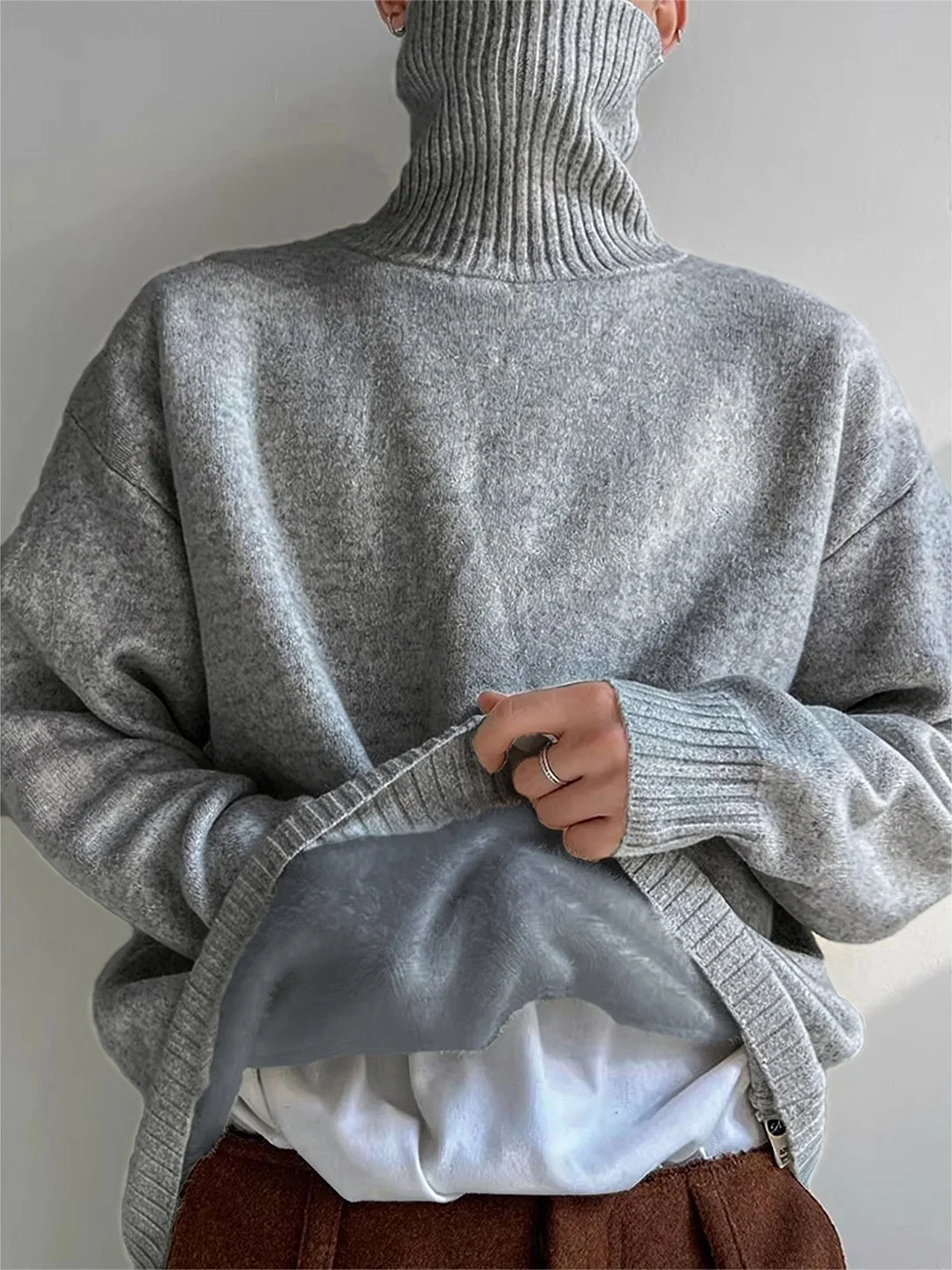 

Утепленный мужской свитер с высоким воротником из флиса, вязаный, для зимы, теплый, мягкий, комфортный, базовый слой, легкий.