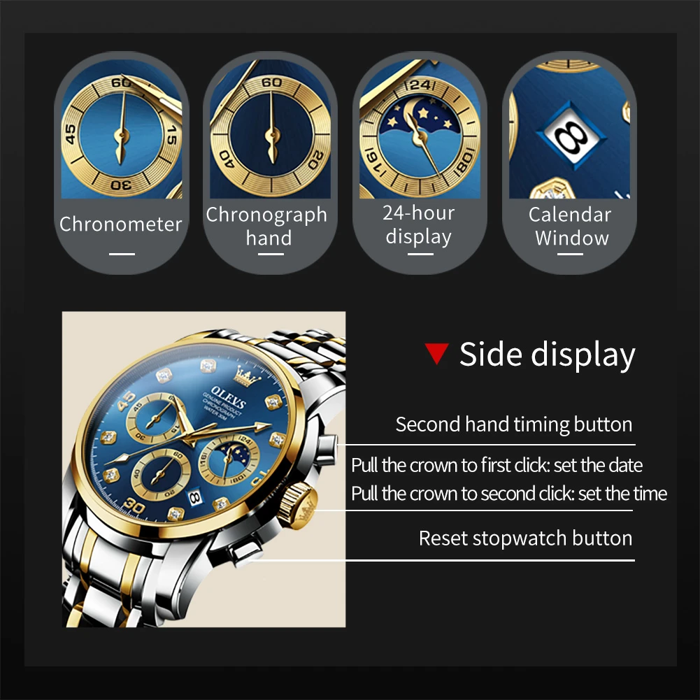OLEVS 2889, кварцевые модные часы, подарок, ремешок для часов из нержавеющей стали, наручные часы с круглым циферблатом, хронограф, календарь, светящийся