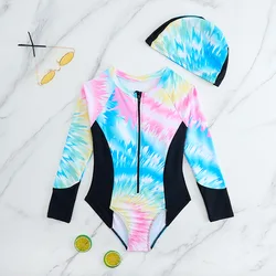 Long Sleeve Girls One Piece Swimsuit 7-12 Year Kids Swim Suit Teenage Children's Swimwear 2025 Patchwork Surf Bathing Suits Cap