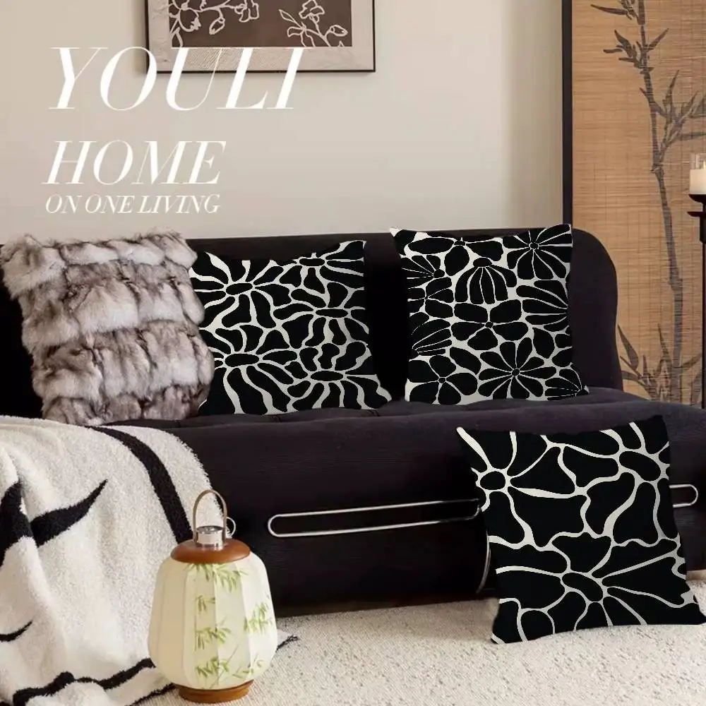 Modern Beige And Black Flower Cushion Cover Car Throw Pillow Case For Sofa Car Christmas Gift 40x40cm 45x45cm