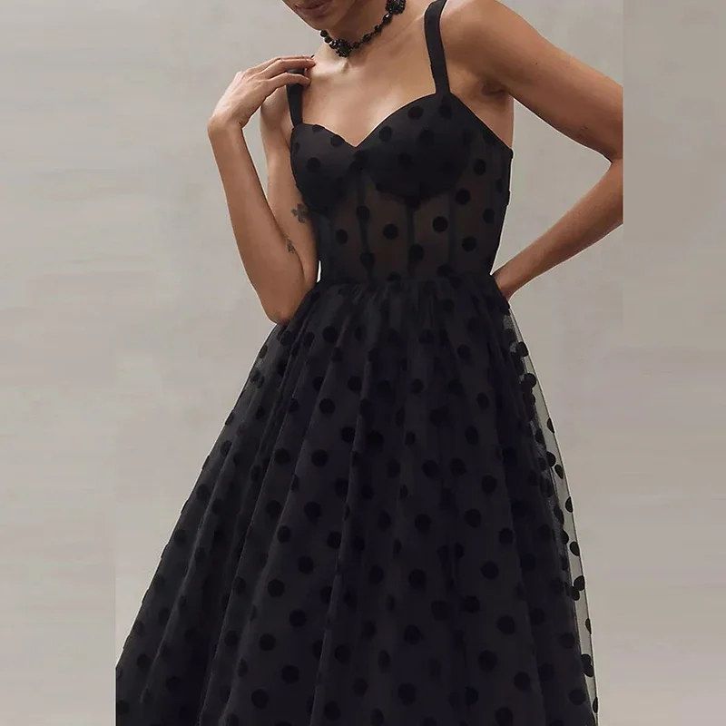 2025 Polka Dot Slim Long Dress Women Patchwork High Waist Party Dress New  Luxury Mesh Suspender Folds A-line Dress Temperament - AliExpress 200000345