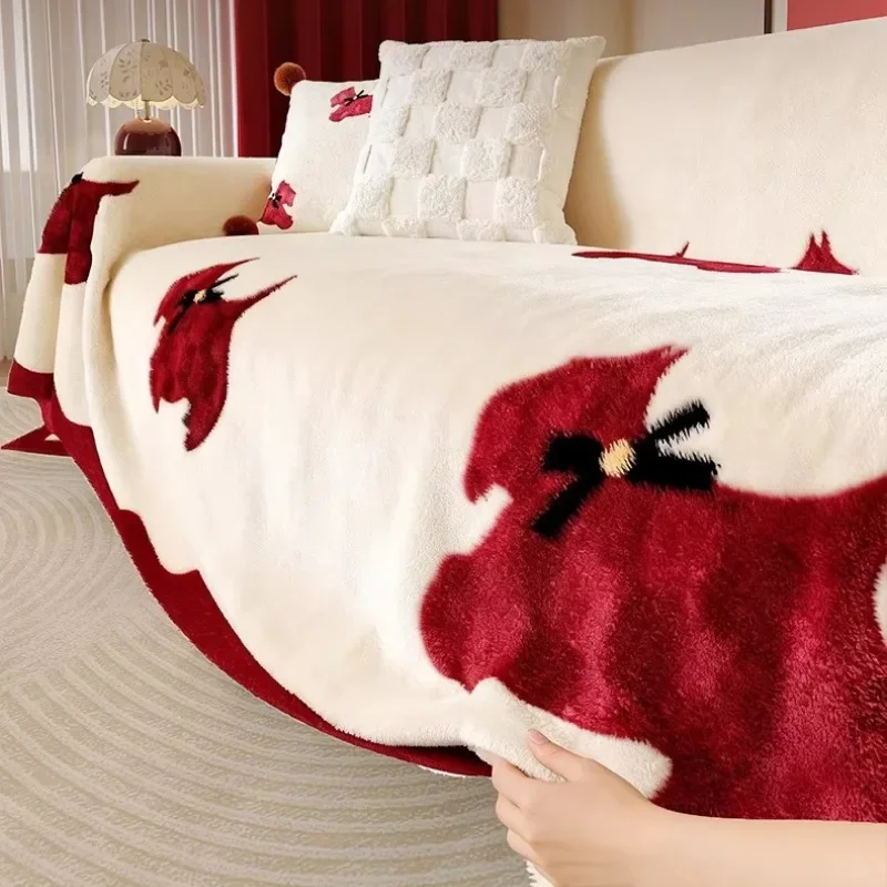 Plush Sofa Towel Cover Cloth New Red Festive Winter Thickened Sofa Cushion Cover A Whole Full-covered Blanket