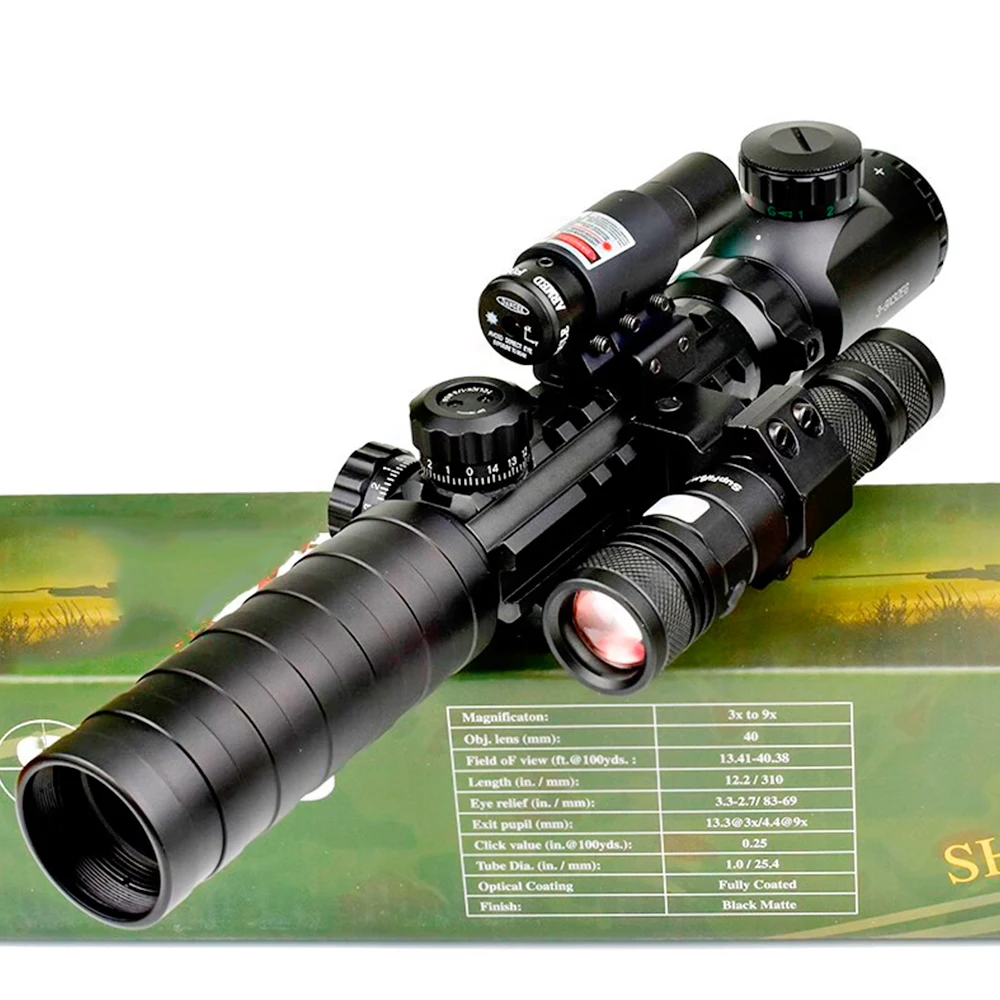 Red and Green Dot Laser Light Scope, Flashlight Combo, Picatinny Rail Mount, Weaver Adapter, 3-9x32, 20mm