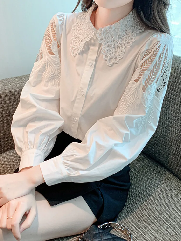 SMTHMA New Autumn Design Embroidered Hollowed Out Shirt Women Beaded Lace Neck Loose Slim Long Sleeved Blouse Top