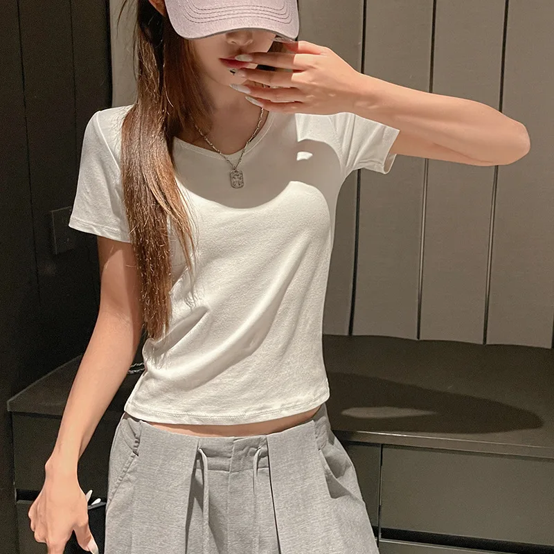 

New in Summer Solid Color Stylish Base Top Short Sleeve T-Shirt Women's Trendy Korean Version Chic Round Neck Design Clothing