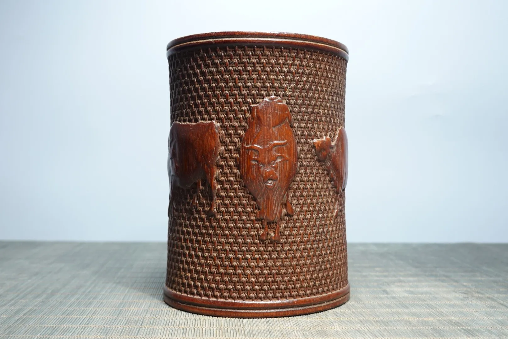 6 "مجموعة معبد التبت القديمة الخيزران الخشب نحت خمسة البقرة نمط حامل قلم جمع الثروة الحلي تاون هاوس