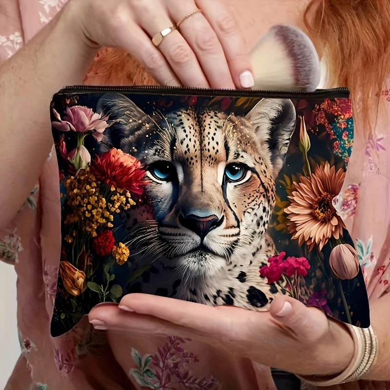 

1pc, Leopard and Flower Pattern Makeup Bag Safety Zipper, Ladies Travel Makeup Bag Multi-function Makeup Bag Toiletry Pouch