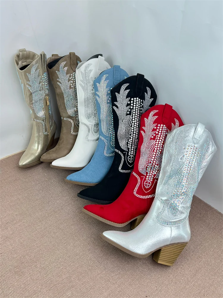 

Ретро-сапоги в ковбойском стиле с вышивкой стразами, заостренным носком и высоким голенищем, модные сапоги для молодых женщин на осень-зиму