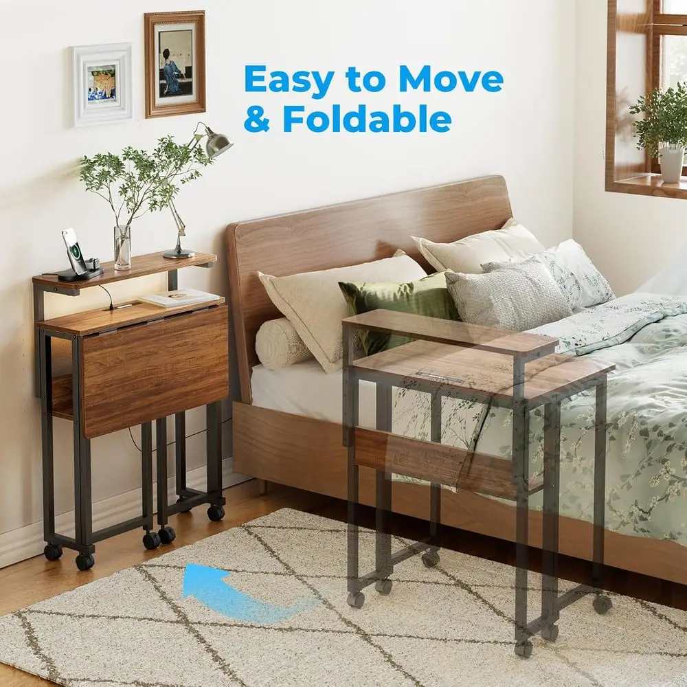 Adjustable Monitor Stand Folding Desk with Storage, 24.8 Rolling Table, USB Charging, Compact Desk for Home Office, Walnut