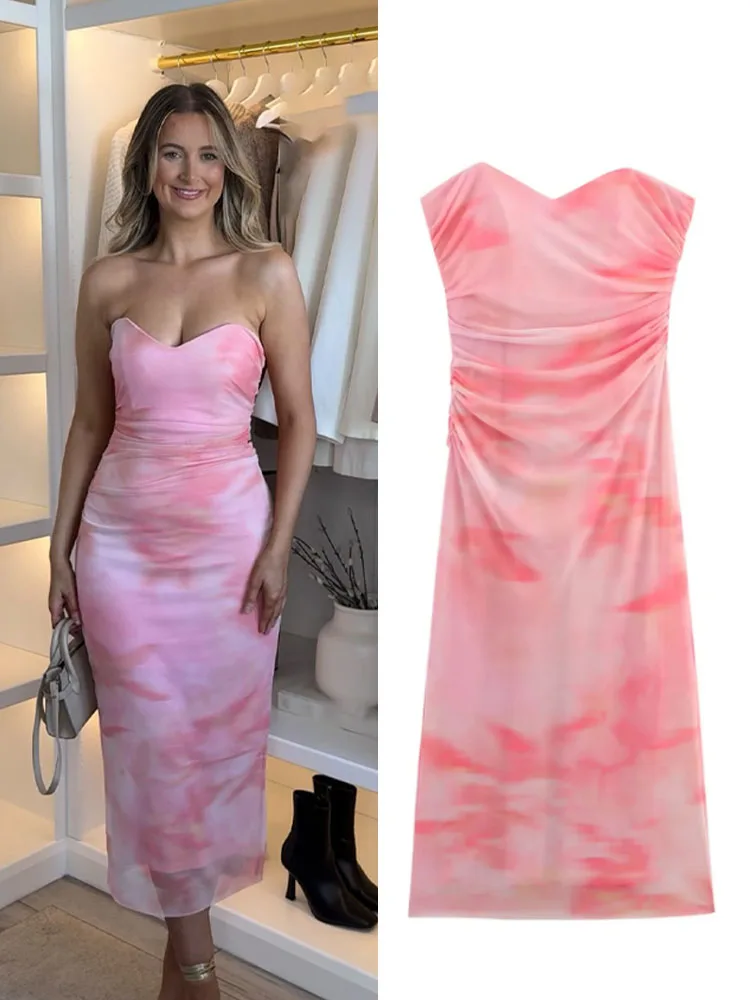 

Women Summer Beach Style Dresses Strapless Sleeveless Pleated Zipper Female Printed Split Hem Tulle Backless Midi Dress