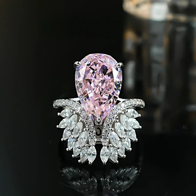 Angel's Wings Water Drop Pink Diamond 925 Silver Ring with High Carbon Diamond Set, Redion Ice Cutting Style, Versatile