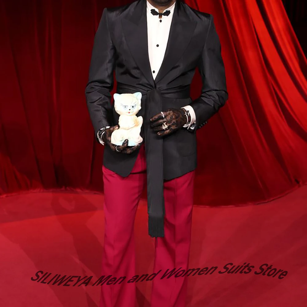 

Черный мужской смокинг с красными брюками, комплект из 2 предметов, модный костюм для выпускного вечера, уникальный дизайн, пиджак, брюки, комплект