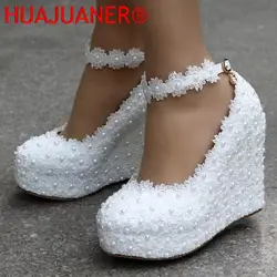 2026 New White Wedges Wedding Pumps Sweet White Flower Lace Pearl Platform Pump Shoes Bride Dress Shoe High Heels