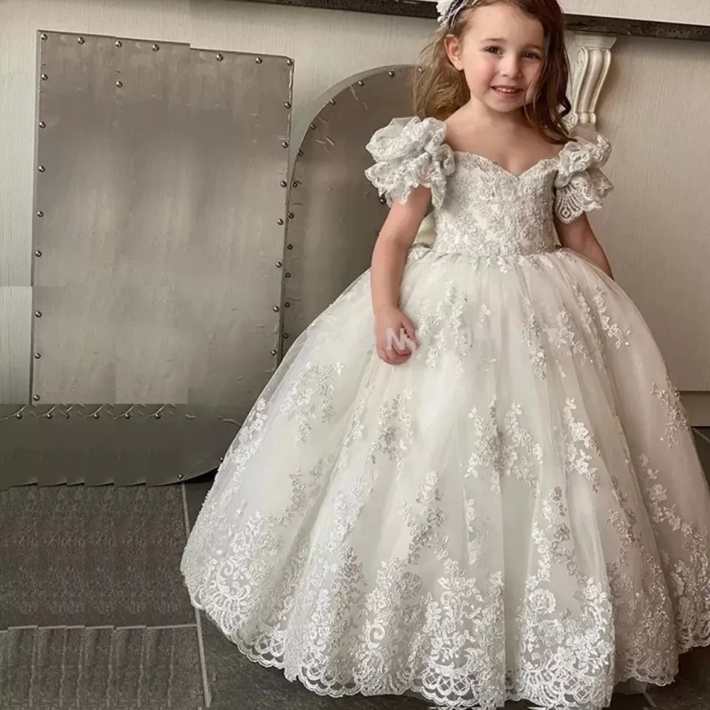 Vestidos blancos de flores para niña, apliques de encaje para boda, volantes, largo hasta el suelo, fiesta de cumpleaños para niños, vestidos de primera comunión