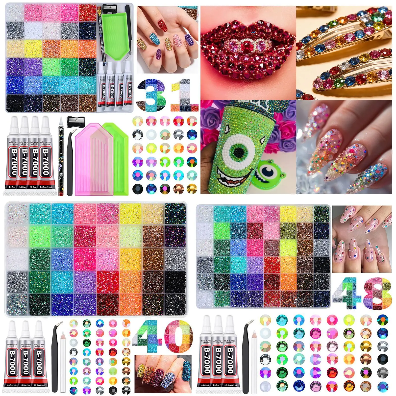 

31/40/48 Grids Nail Art Rhinestones Kit Flat Back Resin Pearls Multi-Color Mixed Size DIY Nail Decorations for Manicure & Crafts