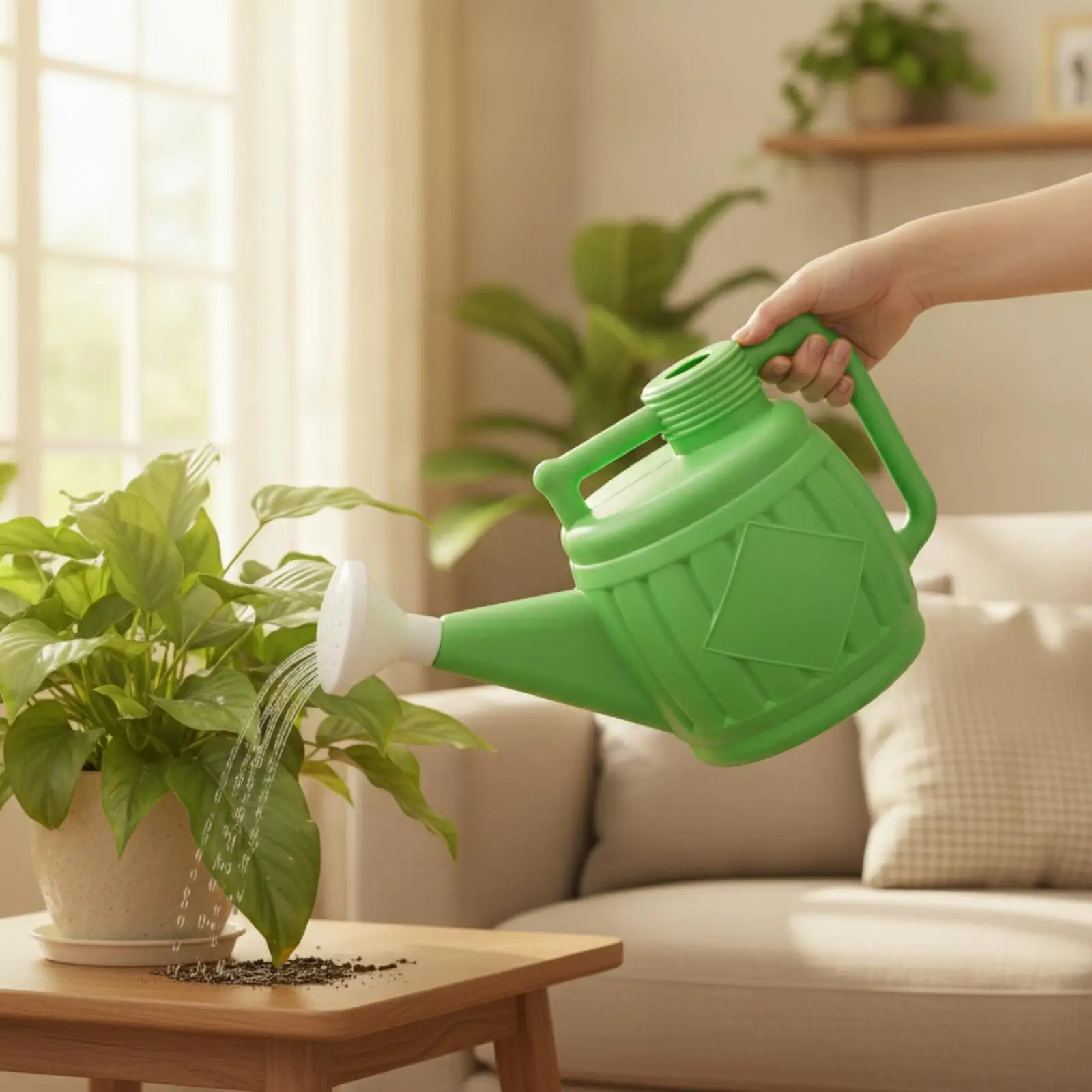 Ergonomic Garden Watering Can for Indoor Plants with Decorative Ribbed Panels and Dual Handle Design for Easy Pouring