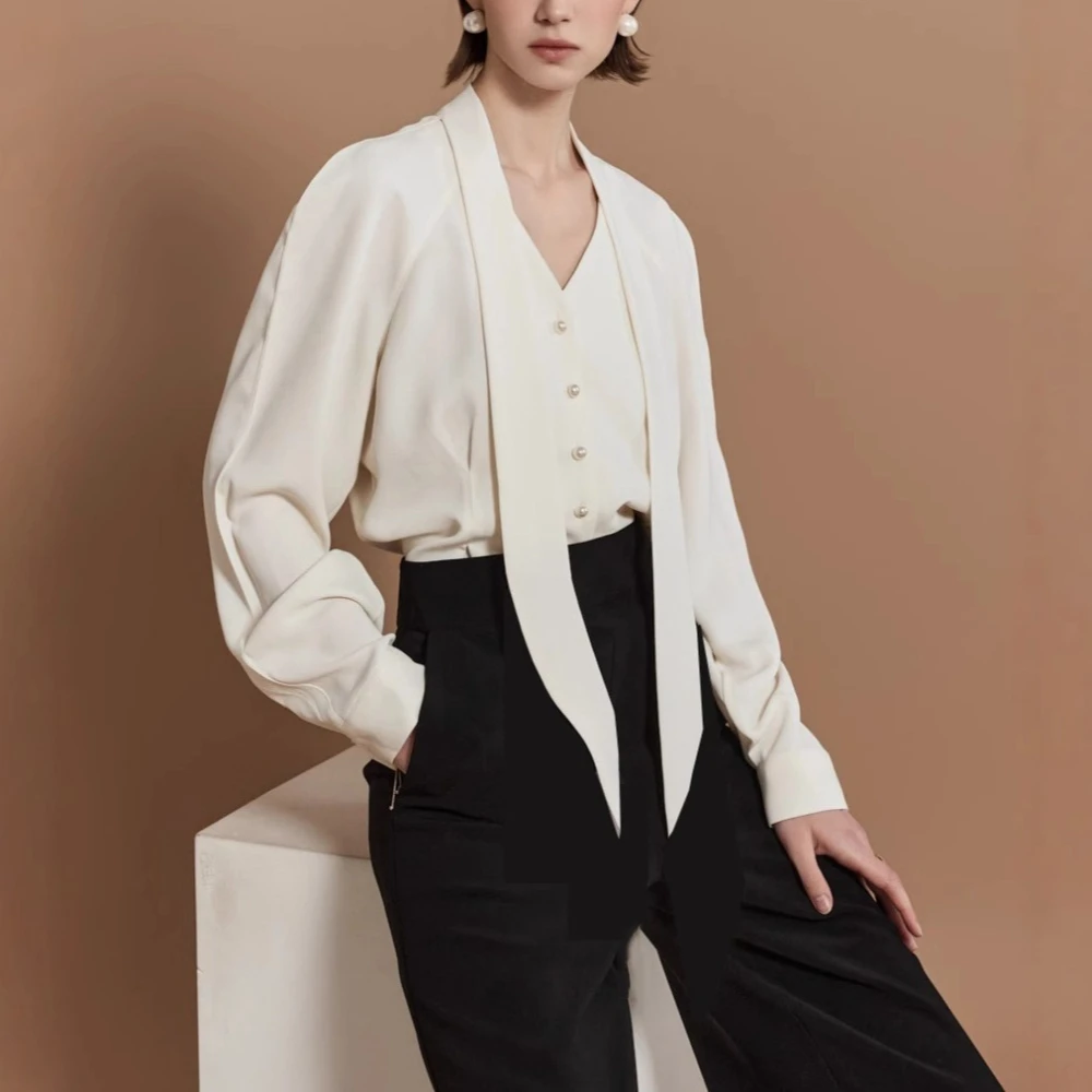 TWOTWINSTYLE المشمش تقسم الدانتيل يصل قميص الإناث الخامس الرقبة طويلة الأكمام فضفاضة الحد الأدنى مكتب المرأة قمصان الخريف موضة جديدة #5