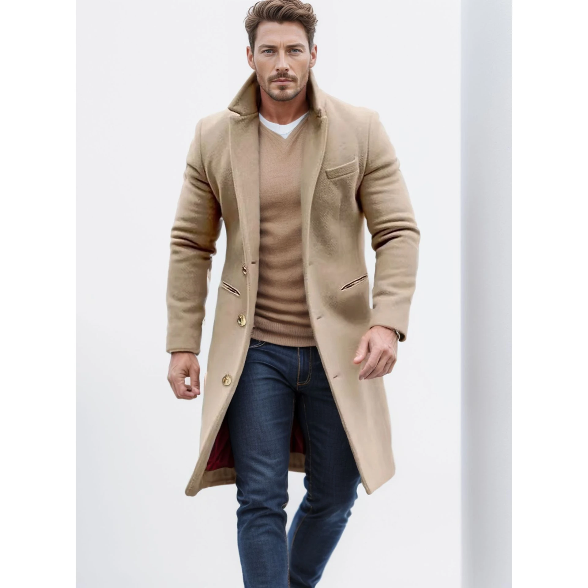 

Men's Mid-Length Woolen Coat 2024 Spring Stand Fit Single-Button Decorated Windbreaker Suit Collar Commute Winter Outerwear