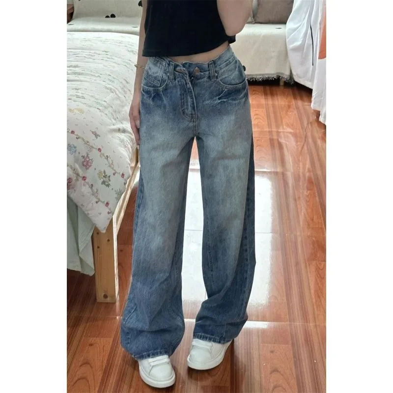 American Retro Washed Cracked Jeans Women High Waist Loose Draped Wide Leg Floor Length Denim Pants