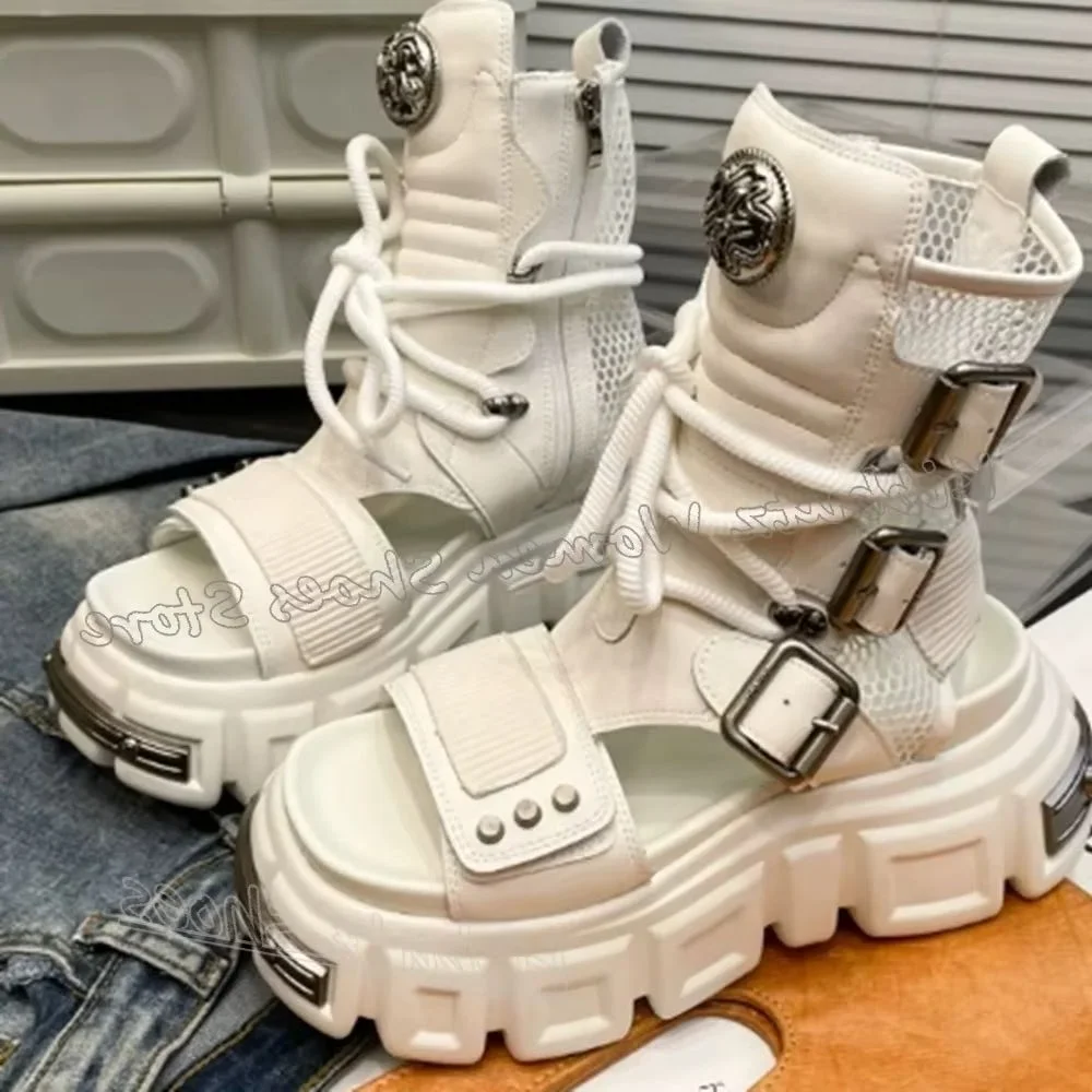 

Готические сандалии, ботильоны, однотонная, в стиле панк-рок, новинка, пикантная лаконичная женская обувь, новая обувь на шнуровке с квадратным металлическим носком, увеличивающая рост